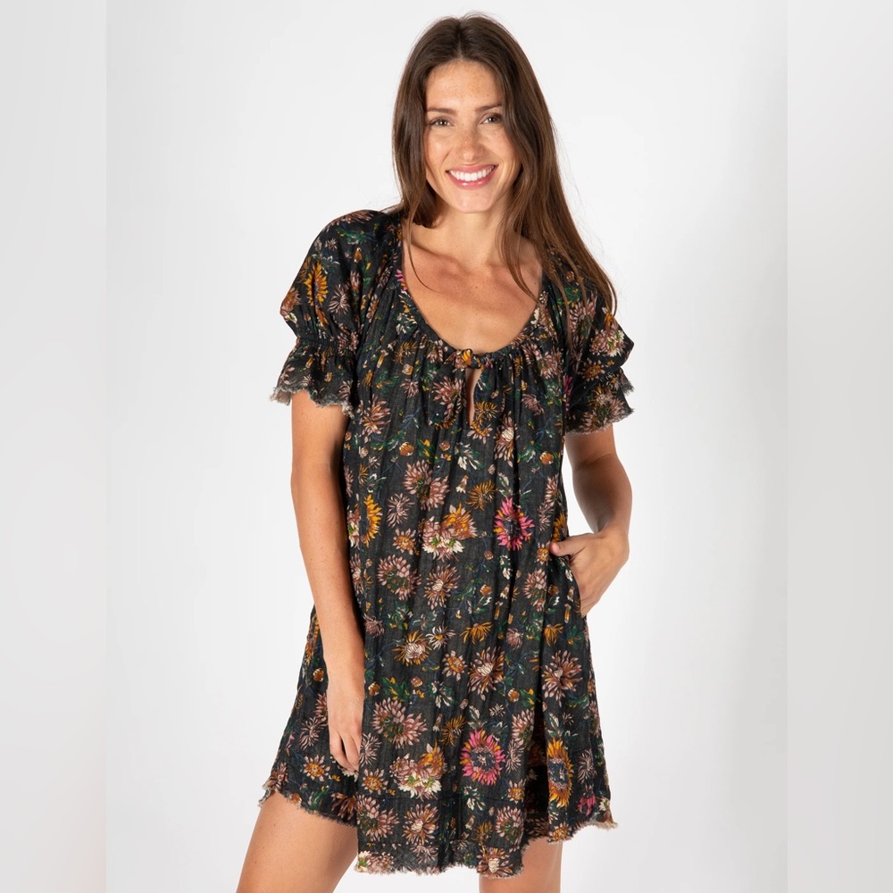 Natural Life Sienna Cotton Gauze Mini Dress - Washed Black Floral